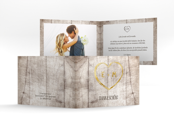 Danksagungskarte Hochzeit Wood A6 Klappkarte quer weiss gold
