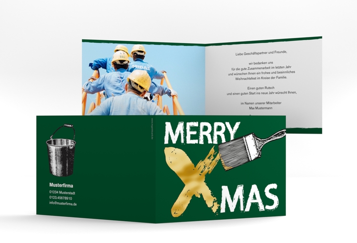 Geschäftliche Weihnachtskarte Pinsel A6 Klappkarte quer gruen gold