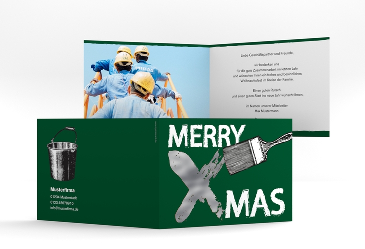 Geschäftliche Weihnachtskarte Pinsel A6 Klappkarte quer gruen silber