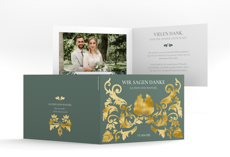 Danksagungskarte Hochzeit Royal A6 Klappkarte quer gruen gold mit barockem Blumen-Ornament