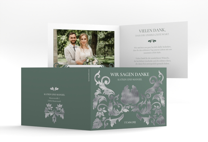 Danksagungskarte Hochzeit Royal A6 Klappkarte quer gruen silber mit barockem Blumen-Ornament