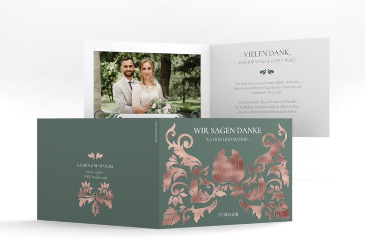 Danksagungskarte Hochzeit Royal A6 Klappkarte quer gruen rosegold mit barockem Blumen-Ornament