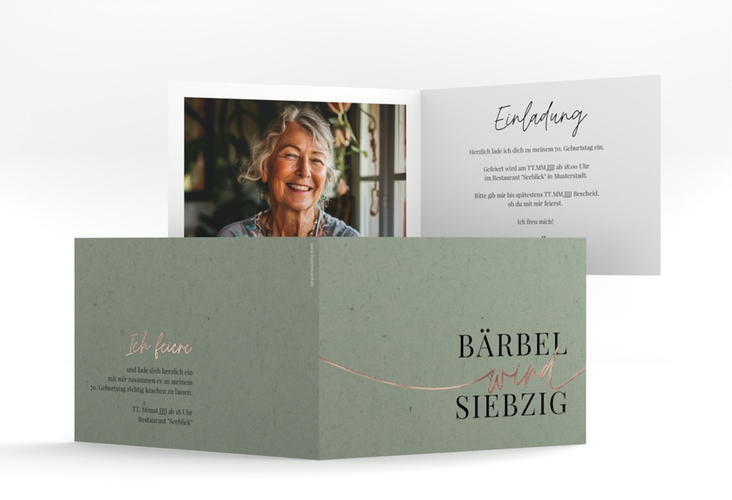 Einladung 70. Geburtstag Einfach A6 Klappkarte quer gruen rosegold