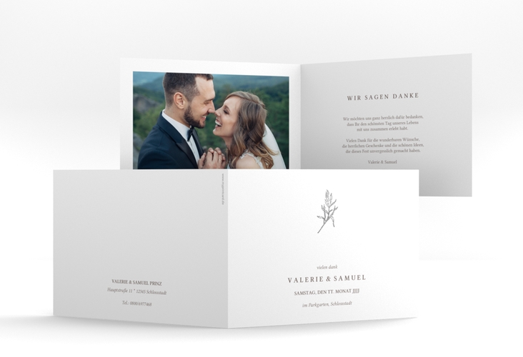 Danksagungskarte Hochzeit Ivy A6 Klappkarte quer weiss silber minimalistisch mit kleiner botanischer Illustration