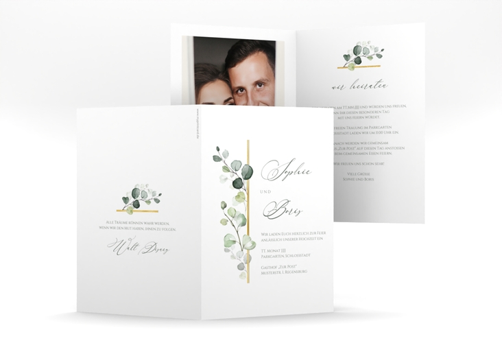 Einladungskarte Hochzeit Adelya A6 Klappkarte hoch weiss gold elegant mit Eukalyptus-Motiv