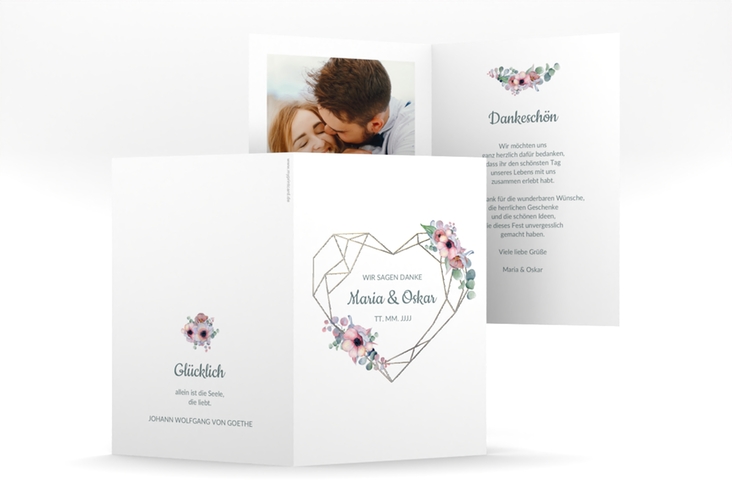Dankeskarte Hochzeit Herzgold A6 Klappkarte hoch weiss silber mit Gräsern und Trockenblumen für Boho-Hochzeit