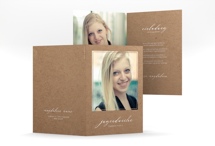 Einladung Jugendweihe Quadro A6 Klappkarte hoch braun rosegold