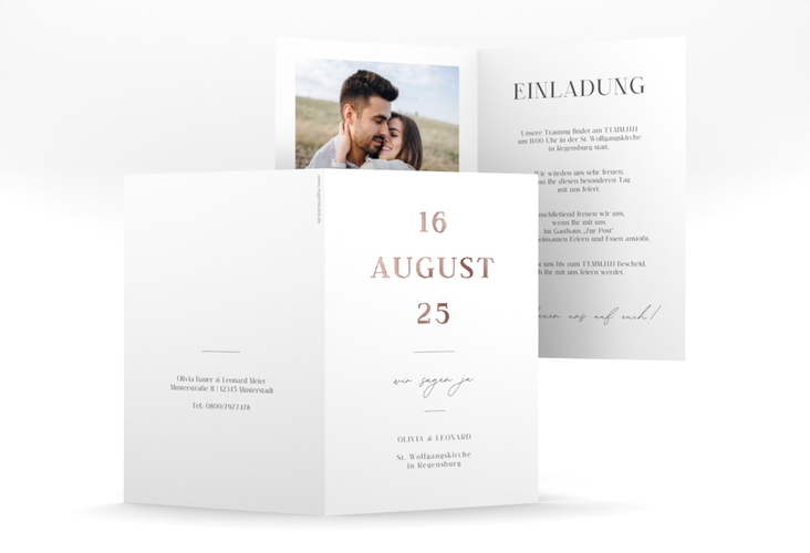Einladungskarte Hochzeit Authentisch A6 Klappkarte hoch weiss rosegold in schlichtem Design mit großem Hochzeitsdatum