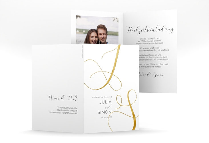 Hochzeitseinladung Eheschließung A6 Klappkarte hoch weiss gold mit Gräsern und Trockenblumen für Boho-Hochzeit