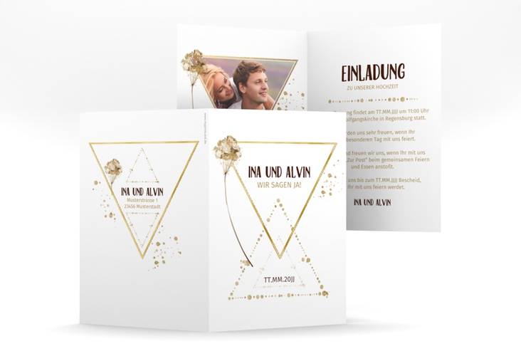 Einladungskarte Hochzeit Triangle A6 Klappkarte hoch weiss gold