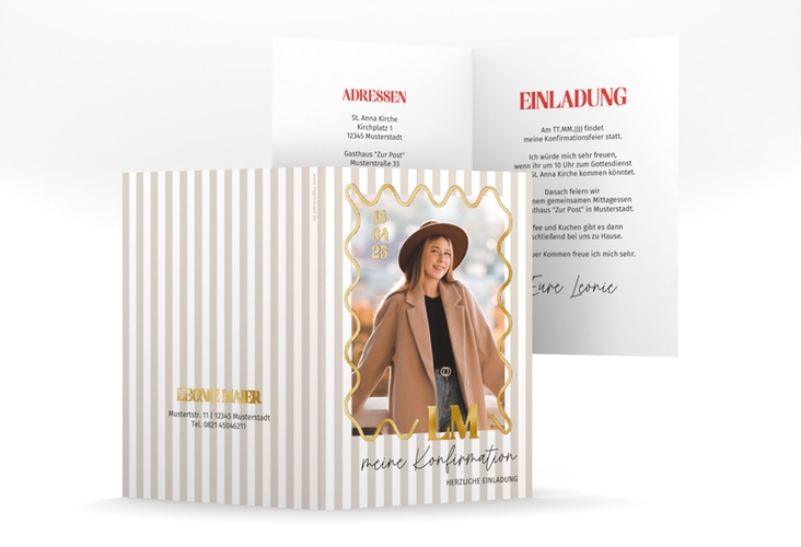 Konfirmationseinladung Modern Wave A6 Klappkarte hoch beige gold