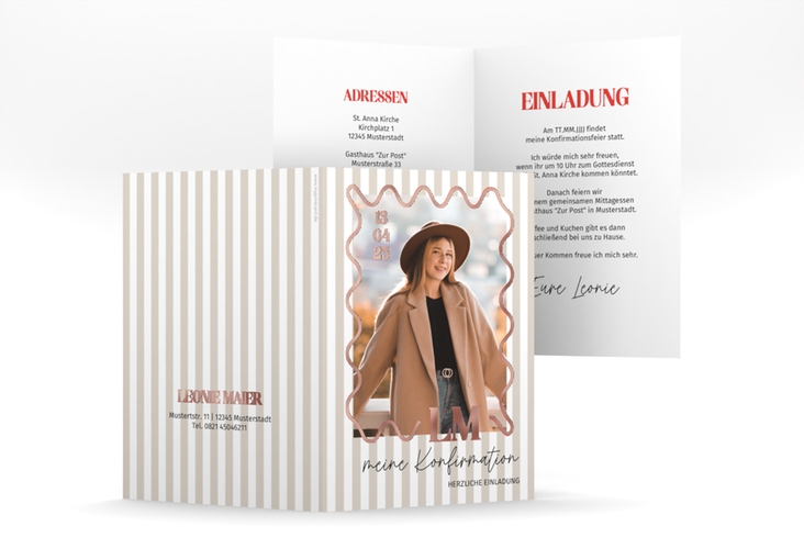 Konfirmationseinladung Modern Wave A6 Klappkarte hoch beige rosegold