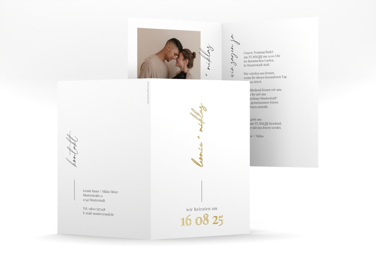 Einladungskarte Hochzeit Idylle A6 Klappkarte hoch weiss gold