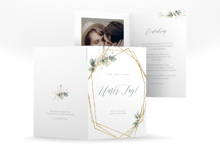 Hochzeitseinladung Greenish A6 Klappkarte hoch gruen gold