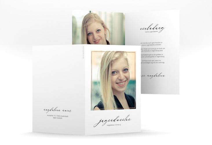 Einladung Jugendweihe Quadro A6 Klappkarte hoch weiss rosegold