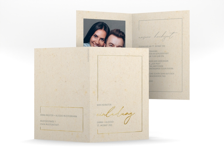 Einladungskarte Hochzeit Simple Line A6 Klappkarte hoch beige gold
