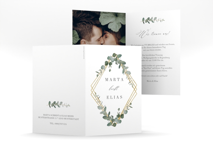 Einladungskarte Hochzeit Eukalyptus A6 Klappkarte hoch weiss gold