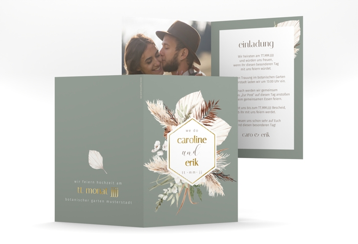 Einladungskarte Hochzeit "Bohemian" DIN A6 Klappkarte gruen gold mit Gräsern und Trockenblumen für Boho-Hochzeit