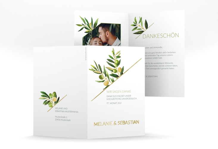 Dankeskarte Hochzeit Olivenzweig A6 Klappkarte hoch weiss gold