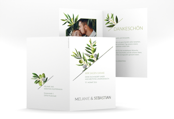 Dankeskarte Hochzeit Olivenzweig A6 Klappkarte hoch weiss silber