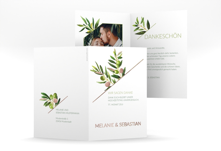 Dankeskarte Hochzeit Olivenzweig A6 Klappkarte hoch weiss rosegold