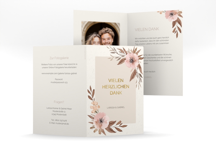 Danksagungskarte Hochzeit Modest A6 Klappkarte hoch beige gold mit elegantem Blumen-Aquarell