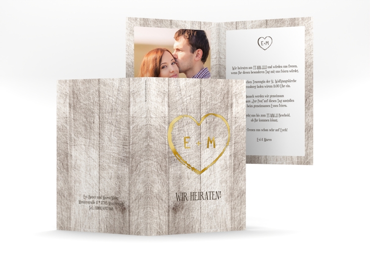 Einladungskarte Hochzeit "Wood" A6 Klappkarte hoch weiss gold
