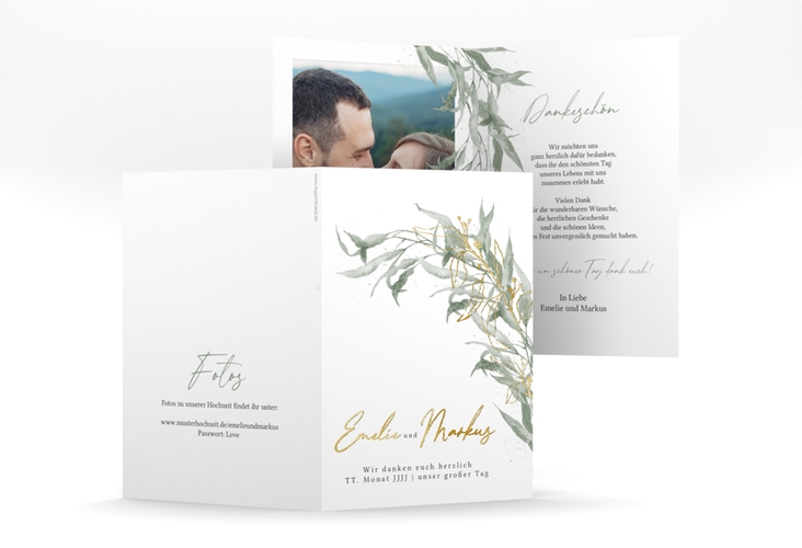 Danksagungskarte Hochzeit Eucalyptus Green A6 Klappkarte hoch weiss gold mit Gräsern und Trockenblumen für Boho-Hochzeit