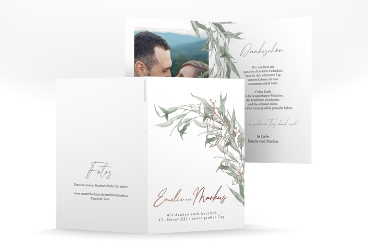Danksagungskarte Hochzeit Eucalyptus Green A6 Klappkarte hoch weiss rosegold mit Gräsern und Trockenblumen für Boho-Hochzeit