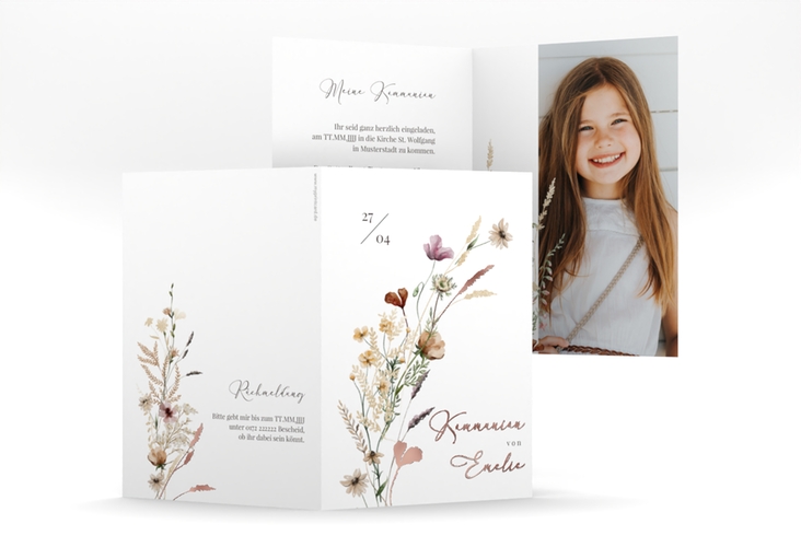 Kommunionseinladung Blumensegen A6 Klappkarte hoch weiss rosegold