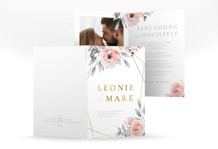 Einladungskarte Hochzeit Perfection A6 Klappkarte hoch weiss gold mit rosa Rosen