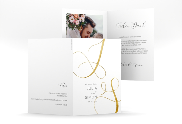 Danksagungskarte Hochzeit Eheschließung A6 Klappkarte hoch weiss gold mit Gräsern und Trockenblumen für Boho-Hochzeit