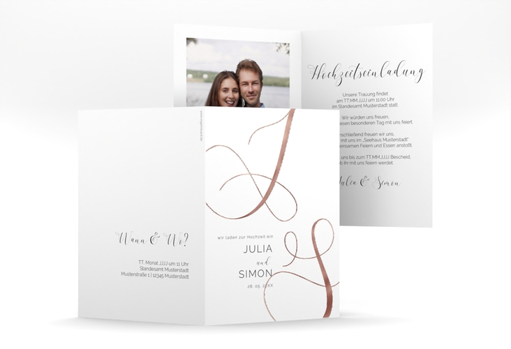 Hochzeitseinladung Eheschließung A6 Klappkarte hoch weiss rosegold mit Gräsern und Trockenblumen für Boho-Hochzeit