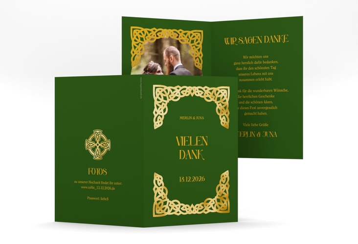 Dankeskarte Hochzeit Celtic A6 Klappkarte hoch gruen gold mit keltischem Knoten in irischen Farben