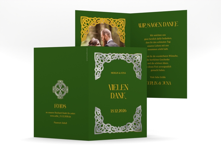 Dankeskarte Hochzeit Celtic A6 Klappkarte hoch gruen silber mit keltischem Knoten in irischen Farben