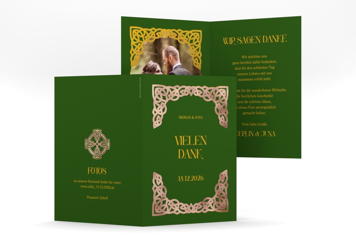 Dankeskarte Hochzeit Celtic A6 Klappkarte hoch gruen rosegold mit keltischem Knoten in irischen Farben