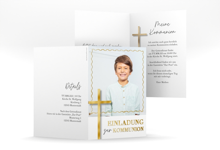 Kommunionseinladung Kirchenfest A6 Klappkarte hoch weiss gold