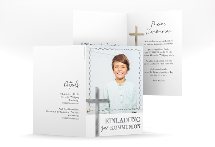 Kommunionseinladung Kirchenfest A6 Klappkarte hoch weiss silber
