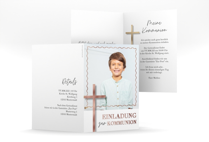 Kommunionseinladung Kirchenfest A6 Klappkarte hoch weiss rosegold