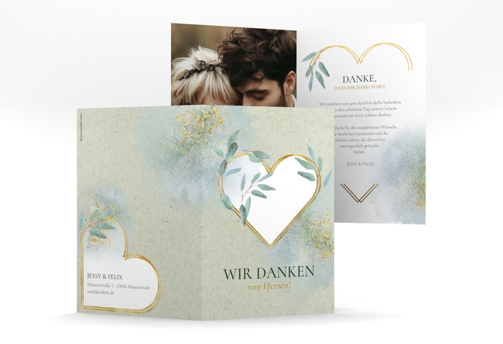 Danksagungskarte Hochzeit Amore A6 Klappkarte hoch gruen gold