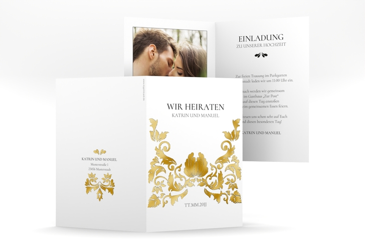 Einladungskarte Hochzeit Royal A6 Klappkarte hoch weiss gold mit barockem Blumen-Ornament