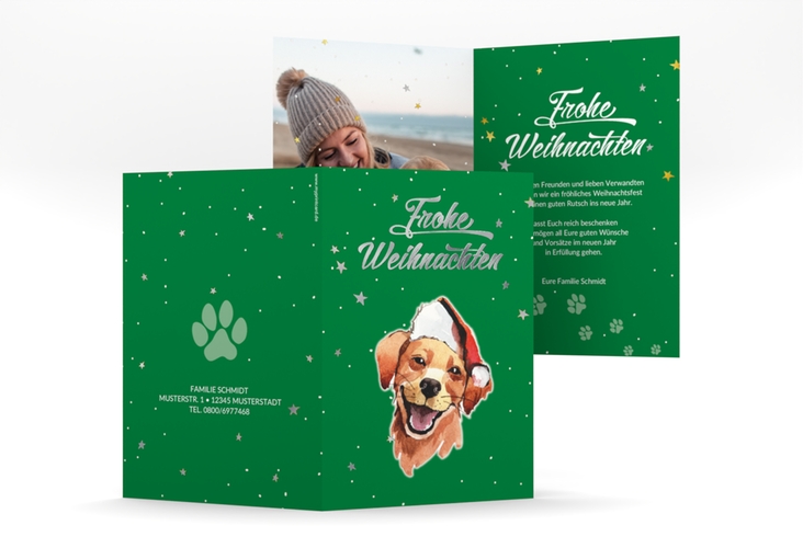 Weihnachtskarte Frosty A6 Klappkarte hoch gruen silber mit Hund mit Nikolausmütze