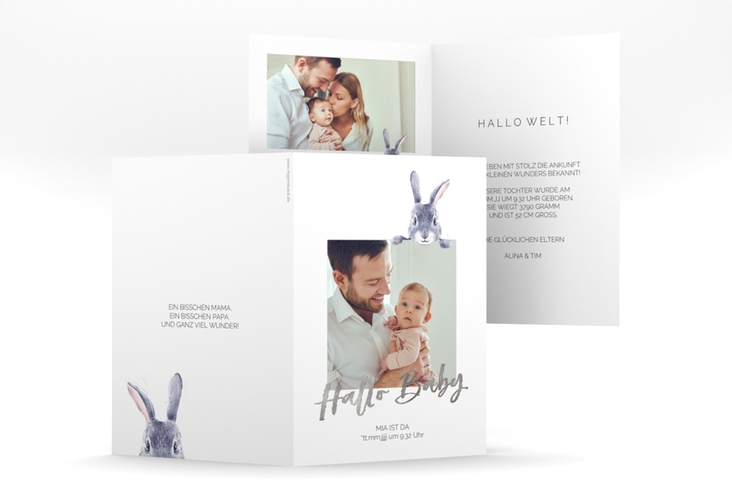 Geburtskarte Hasi A6 Klappkarte hoch weiss silber