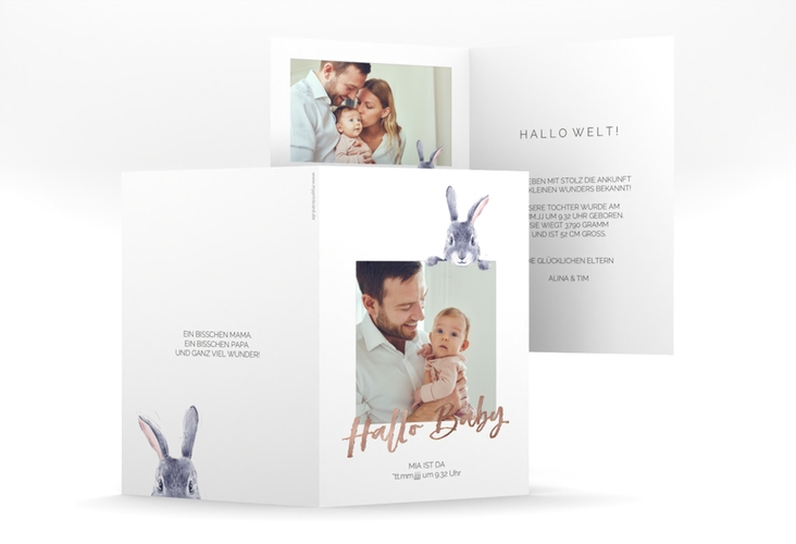 Geburtskarte Hasi A6 Klappkarte hoch weiss rosegold