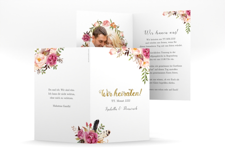 Einladungskarte Hochzeit Flowers A6 Klappkarte hoch weiss gold mit bunten Aquarell-Blumen