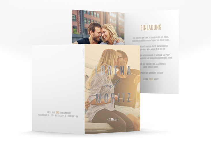 Einladungskarte Hochzeit Memory A6 Klappkarte hoch beige silber