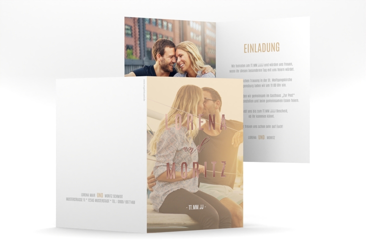 Einladungskarte Hochzeit Memory A6 Klappkarte hoch beige rosegold