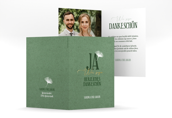 Danksagungskarte Hochzeit Ja A6 Klappkarte hoch gruen gold mit Ginkgo-Blatt