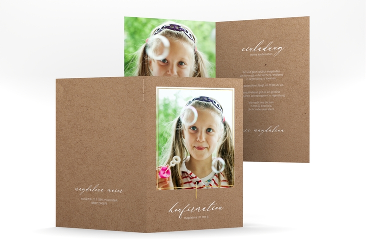 Konfirmationseinladung Crucis A6 Klappkarte hoch braun gold