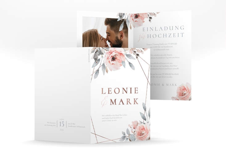 Einladungskarte Hochzeit Perfection A6 Klappkarte hoch weiss rosegold mit rosa Rosen